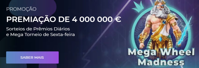 Atractiva imagen del banner promocional del casino, anunciando la emocionante promoción "Mega Wheel Madness" con una bolsa de premios de 4000000000 ARS.